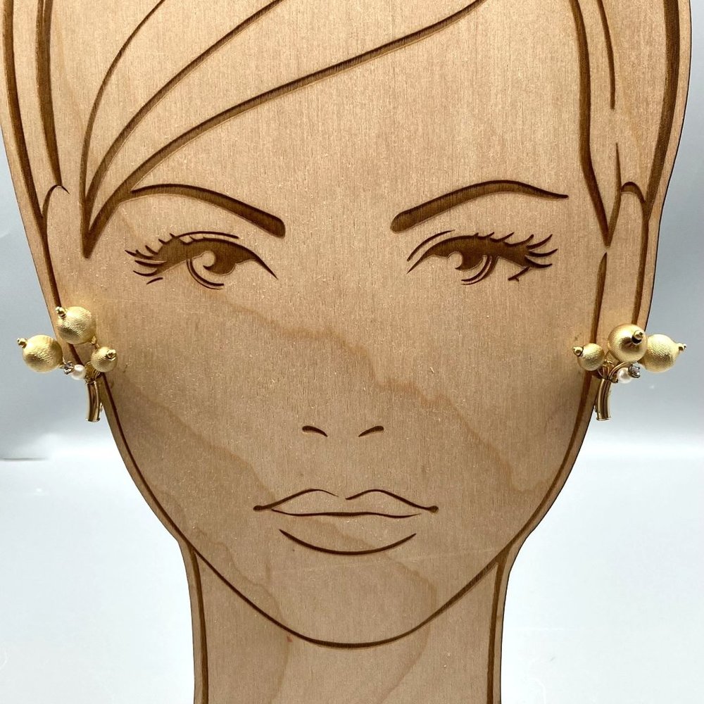 Vintage Rosette and Flower Pod Earrings, Gold Tone Fluted Beads and Seed Pearl